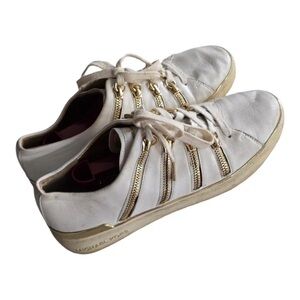 Michael Kors Sneakers 8.5M Women Chesie MK White Gold Zippers Shoes Logo